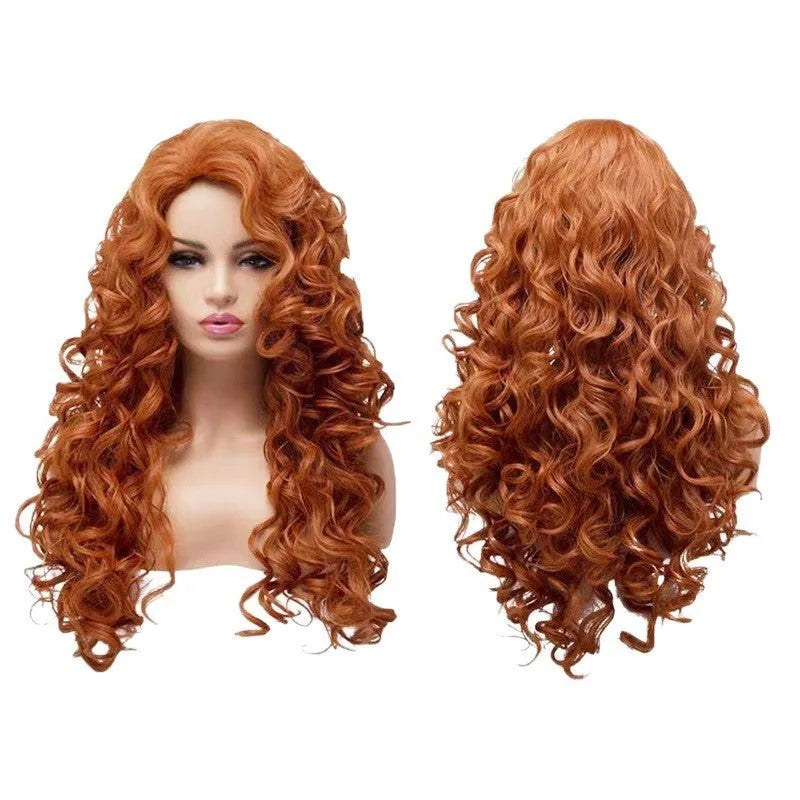 Long wavy curly brown synthetic wig with fluffy instant noodles style for cosplay.