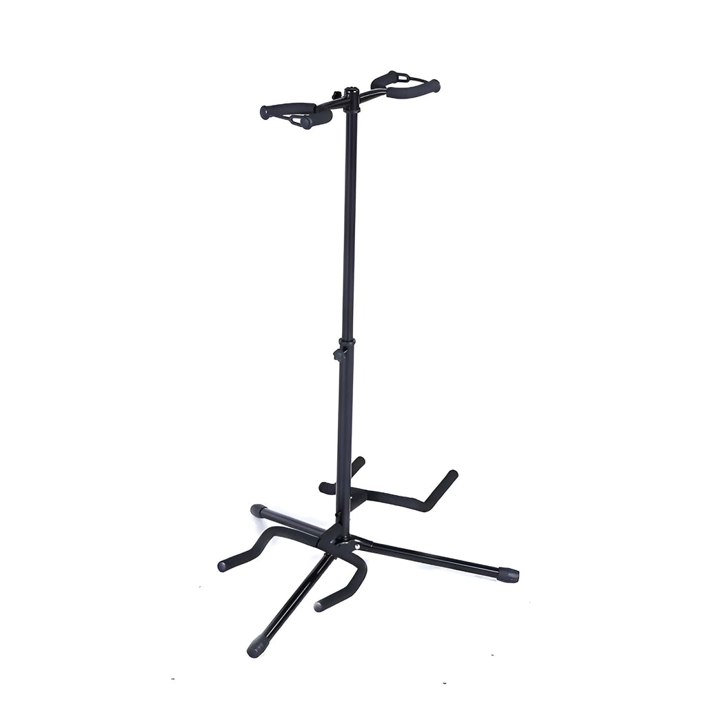 Vertical black iron double-headed adjustable guitar stand holding two guitars