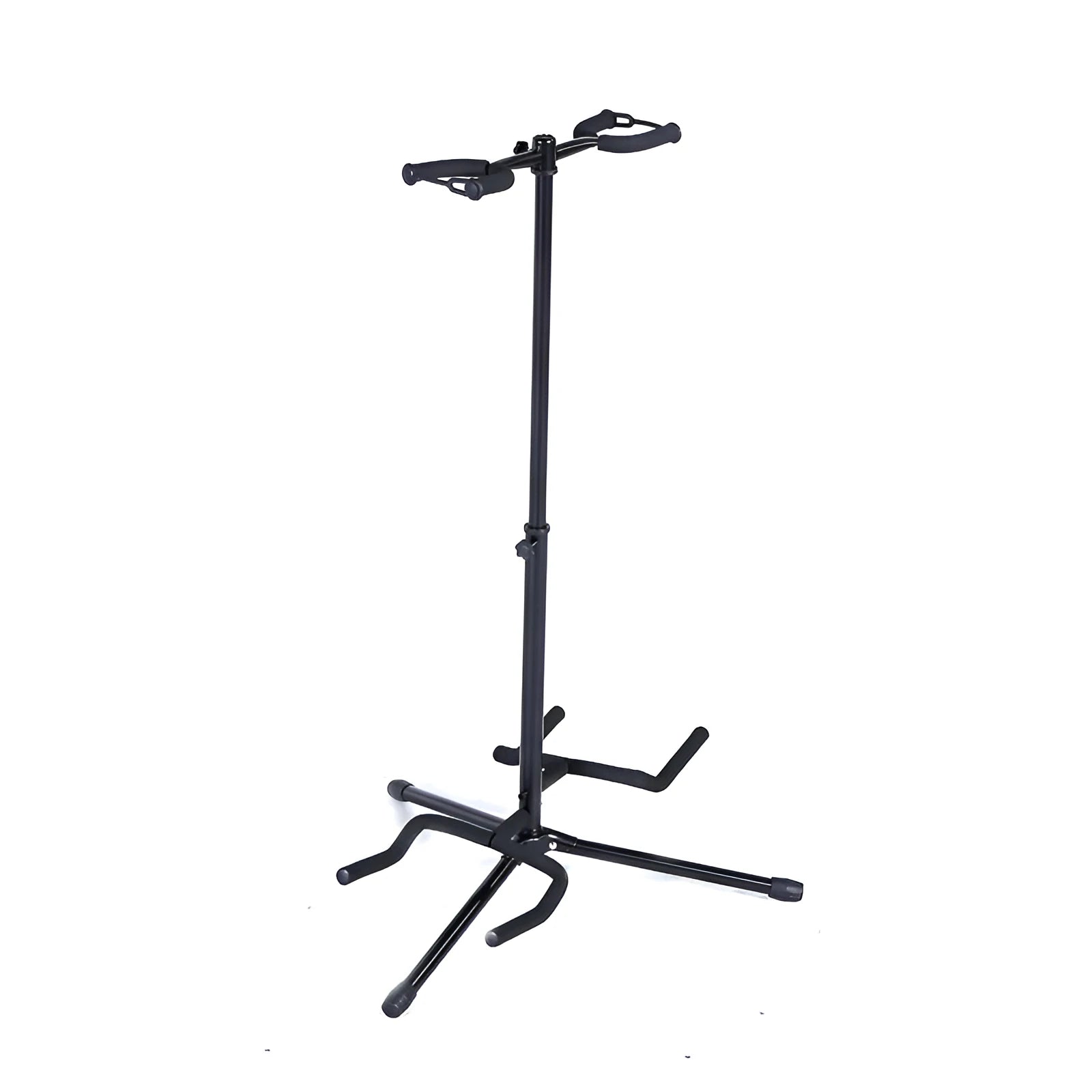 Vertical black iron double-headed adjustable guitar stand holding two guitars