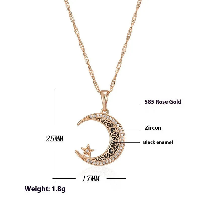 Rose gold star and moon necklace with enamel detailing on adjustable water wave chain