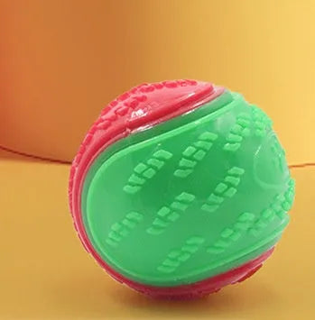 Red and blue TPR rubber dog ball with squeaker, shown next to a 6.5 cm measurement guide.