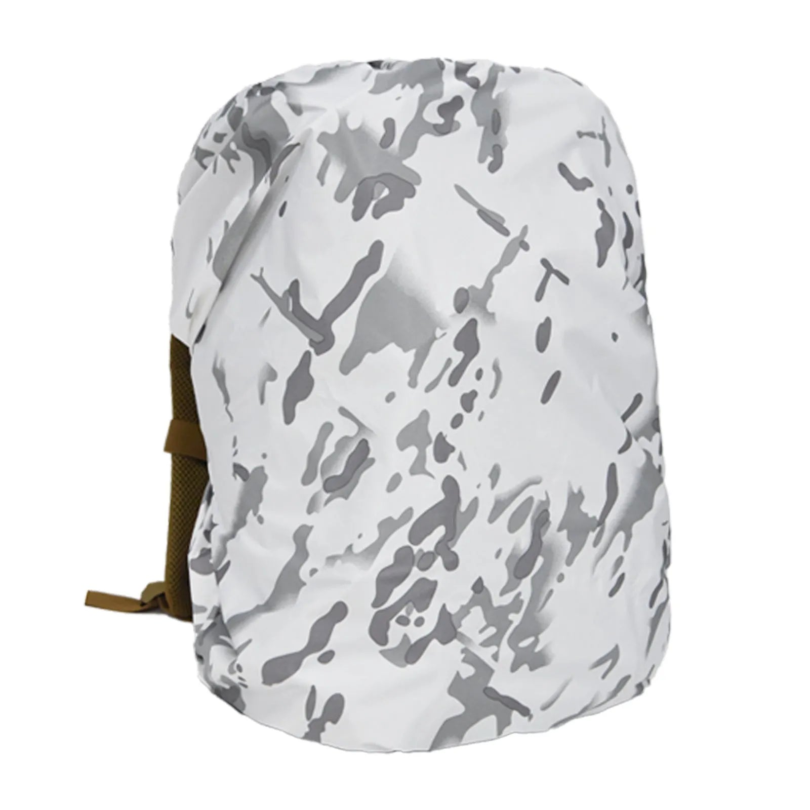 Army green waterproof backpack rain cover shown alongside a large hiking backpack.