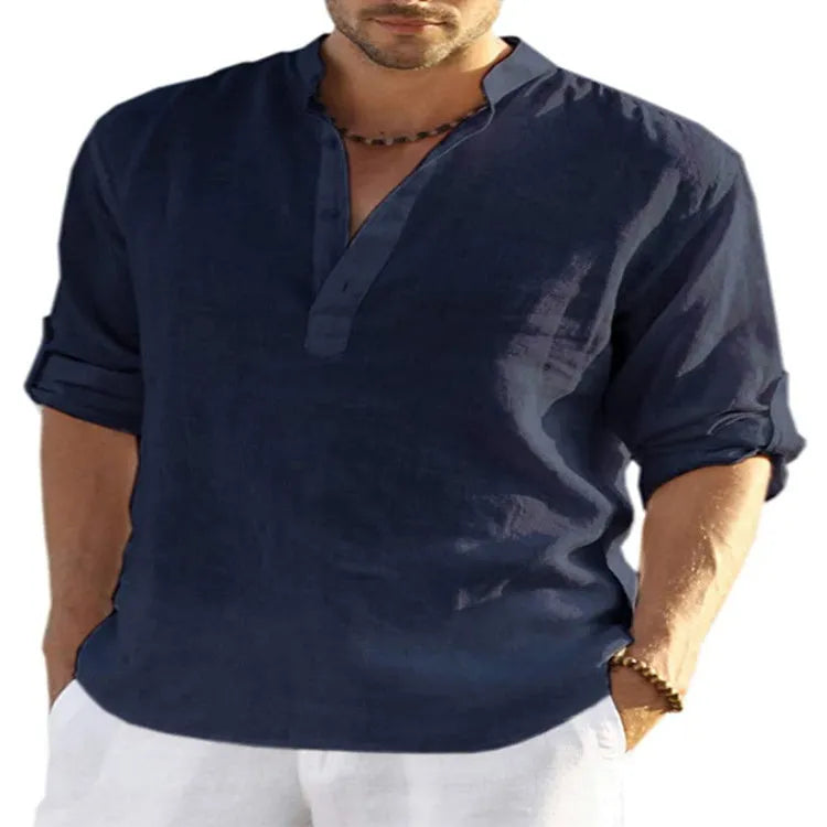 Men's light blue cotton linen stand collar long sleeve casual shirt buttoned down