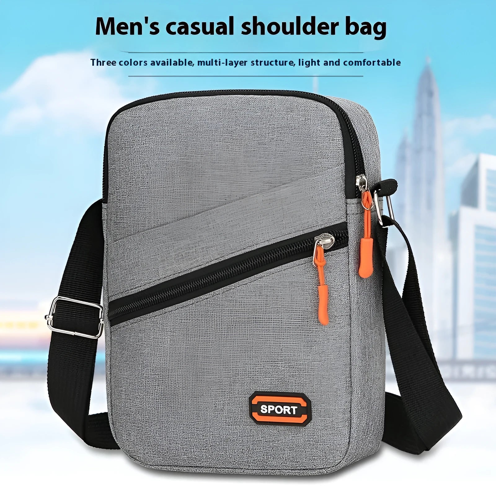 Oxford cloth crossbody commuter shoulder bag in silver grey colour with contrast details