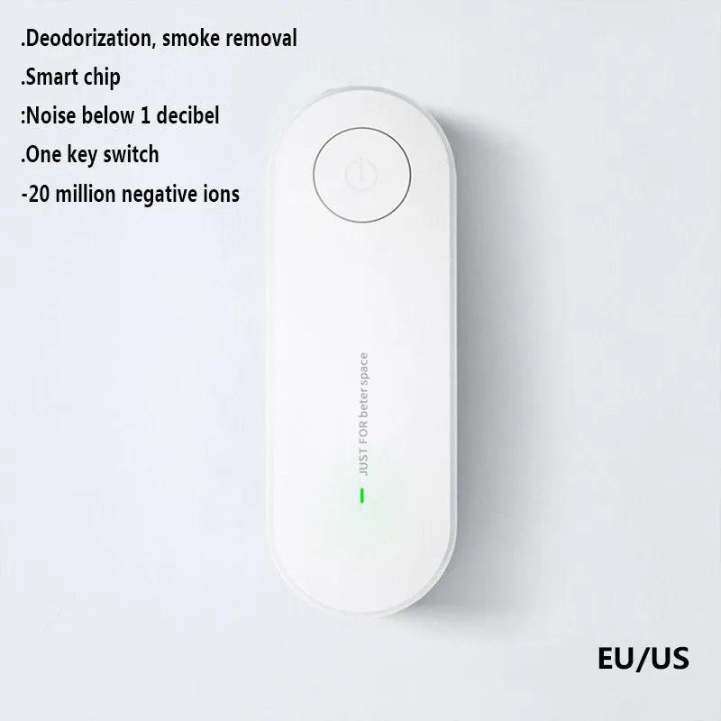 Mini portable air purifier in white with an EU plug, designed for smoke and dust removal