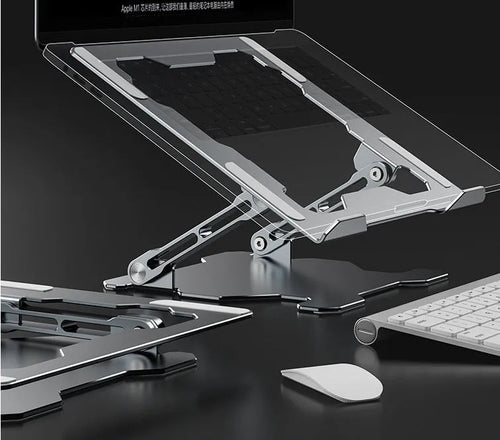 Grey adjustable aluminum laptop stand showing folding mechanism and hollow cooling design