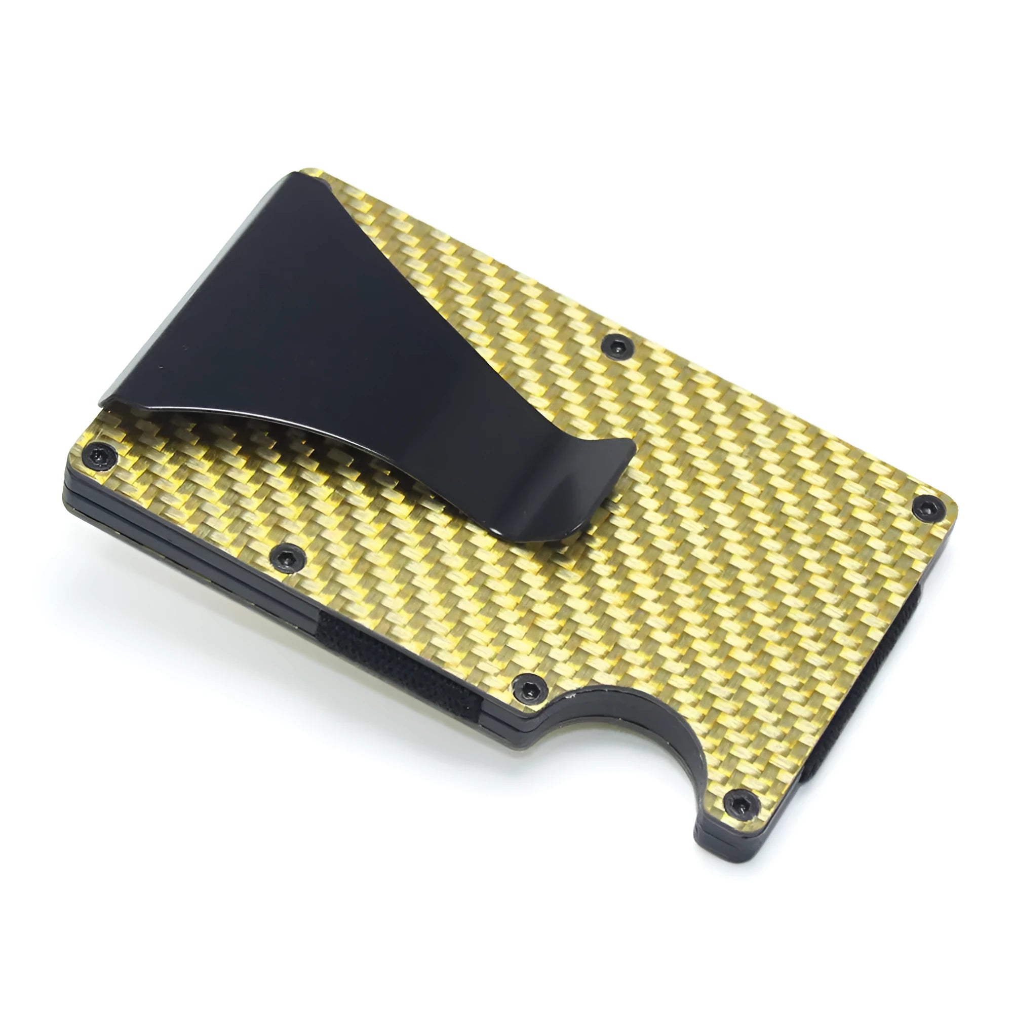 Slim black carbon fibre card holder wallet with geometric design on a table.