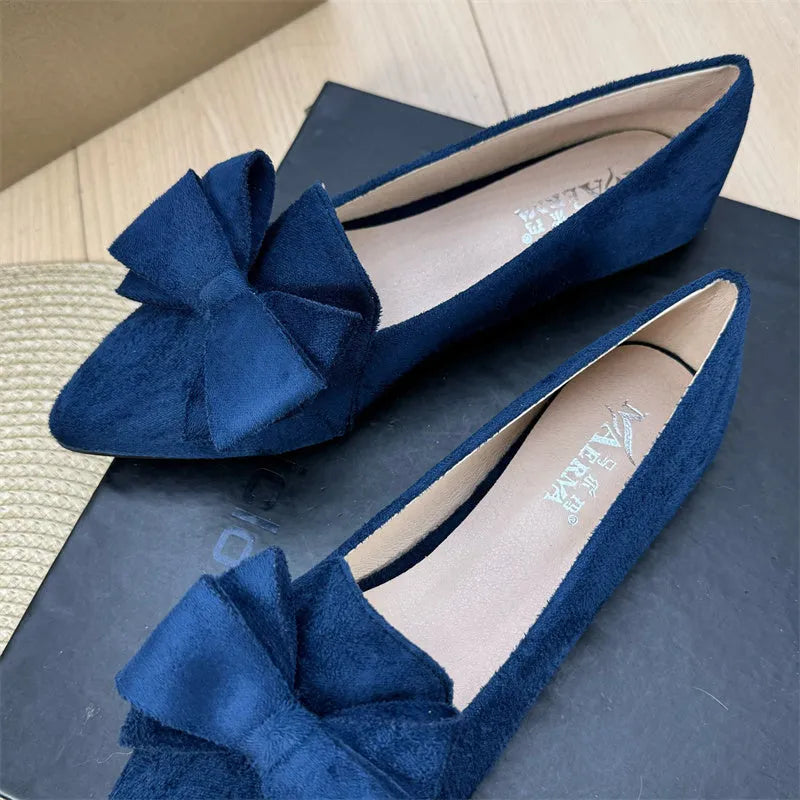 Women's solid colour bow pointed flat shoes with chunky heel and round toe in wine red colour