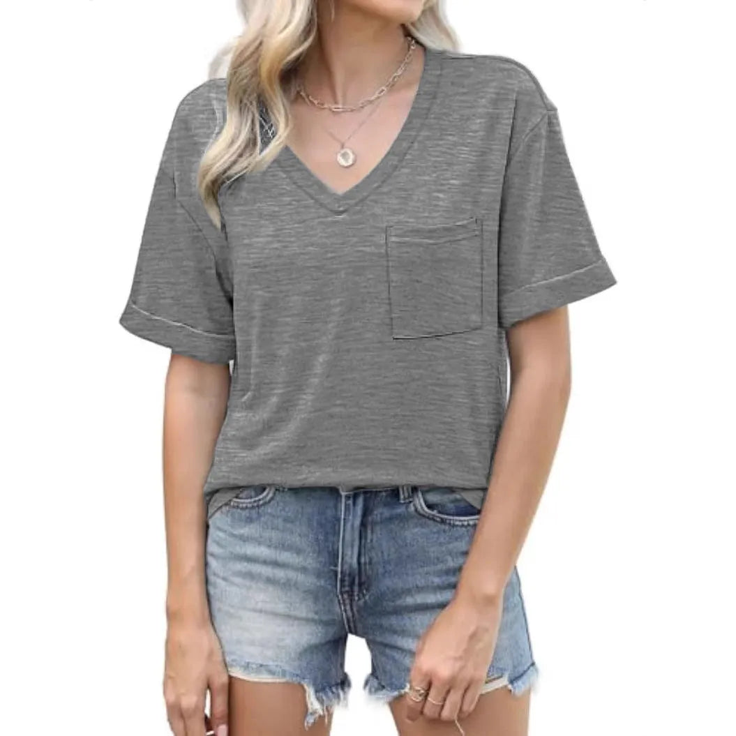 Grey loose fit men's V-neck t-shirt with a chest pocket on a solid colour background.