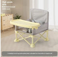 Foldable baby dining chair with metal frame, removable tray, and safety belt in grey