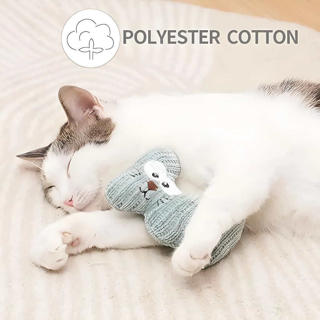 Cyan and light coffee plush rope cat toy with bell and catnip filling.