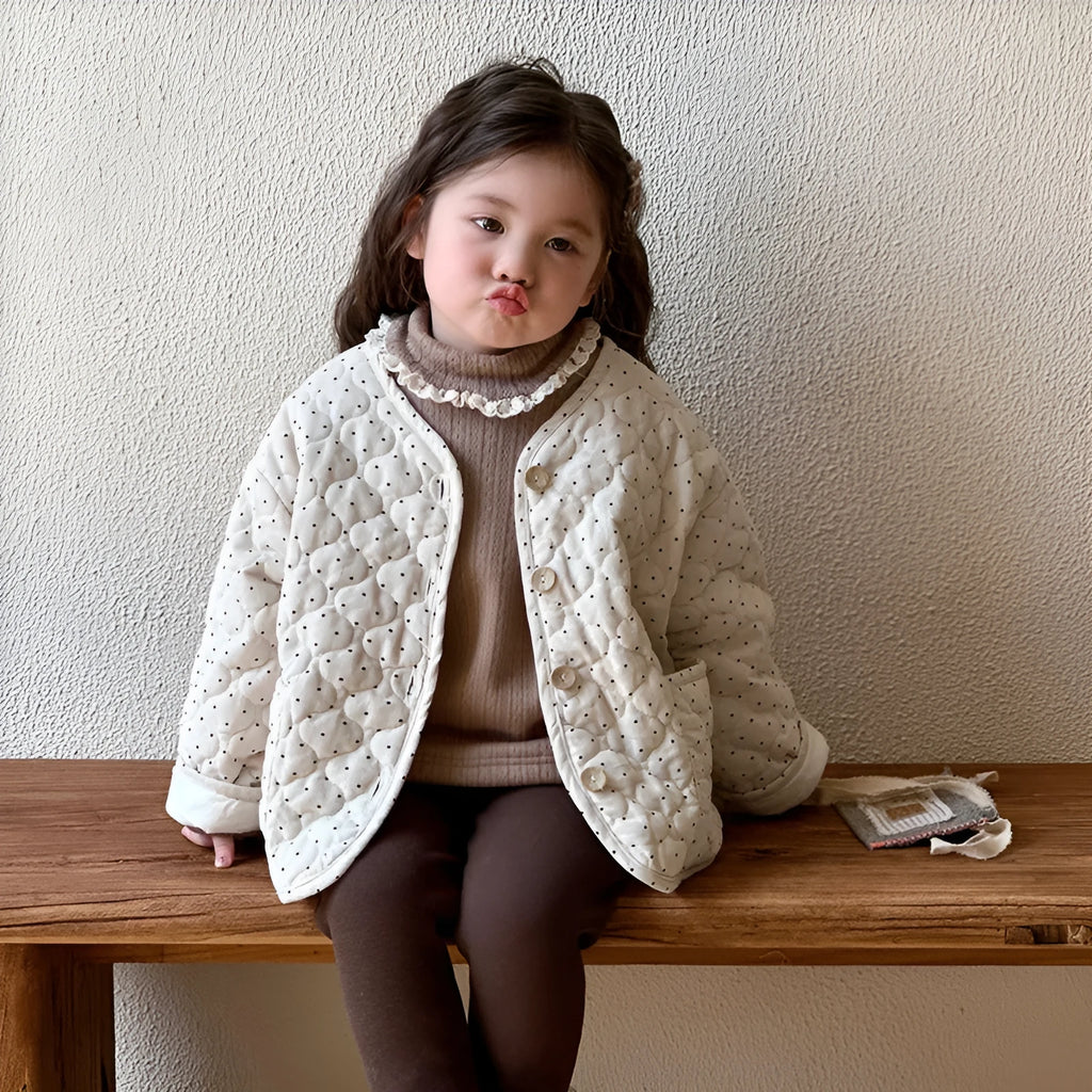 Beige Korean-style baby girl winter cotton-padded coat with printed design, corduroy fabric, single-breasted closure, unhooded, suitable for heights 80-130cm