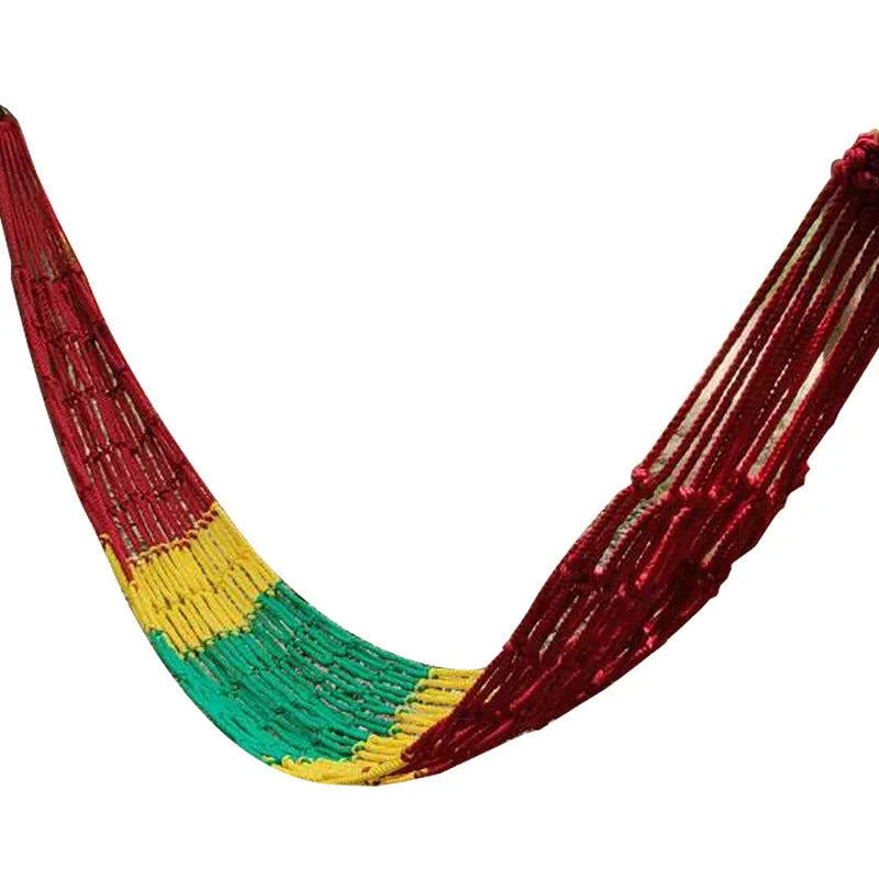Nylon rope mesh hammock with open weave pattern showing 1.1m width and included tying rope