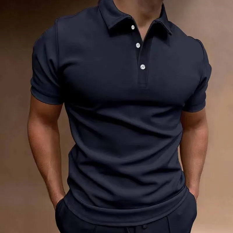 Men's grey cotton blend button t-shirt with short sleeves and a loose fit on a hanger.