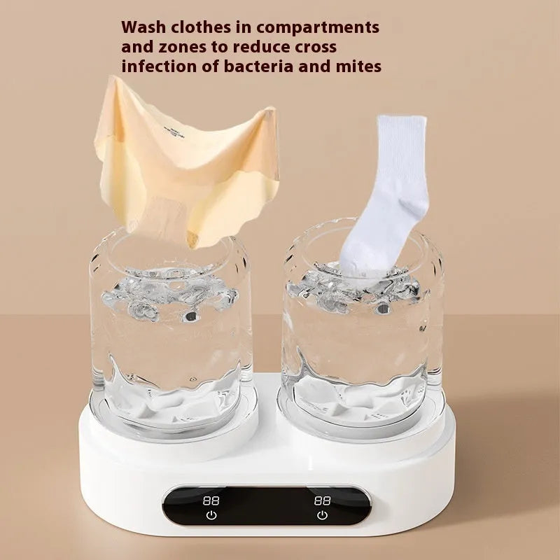 White double bucket portable mini washing machine with USB cable.
