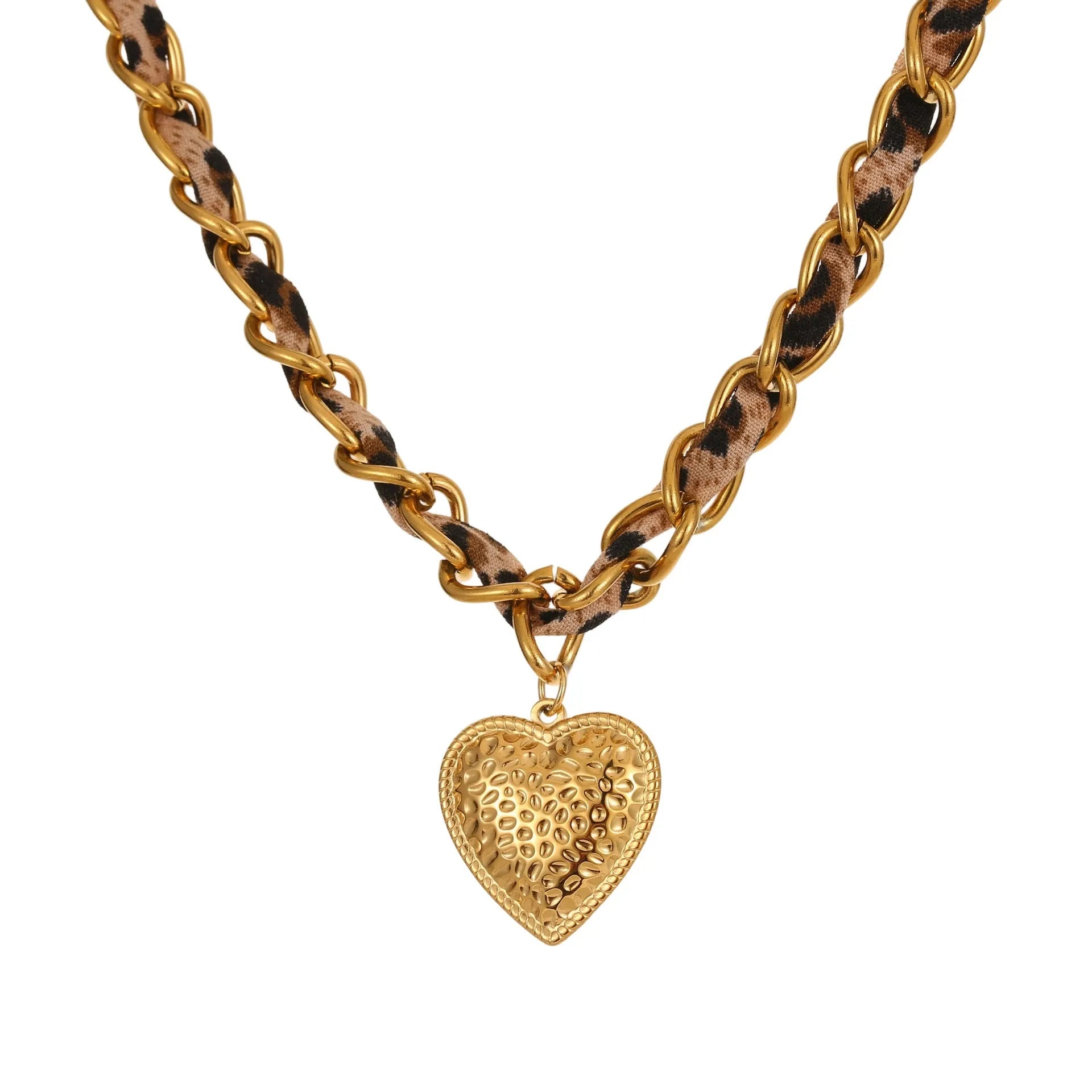 Leopard Love stainless steel necklace with 18K gold plating, showing geometric Big Heart or Love Sun pendant on an adjustable chain.