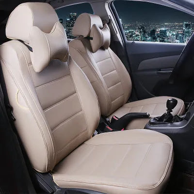 Single leather car seat cover with binding style in beige and black with red trim options