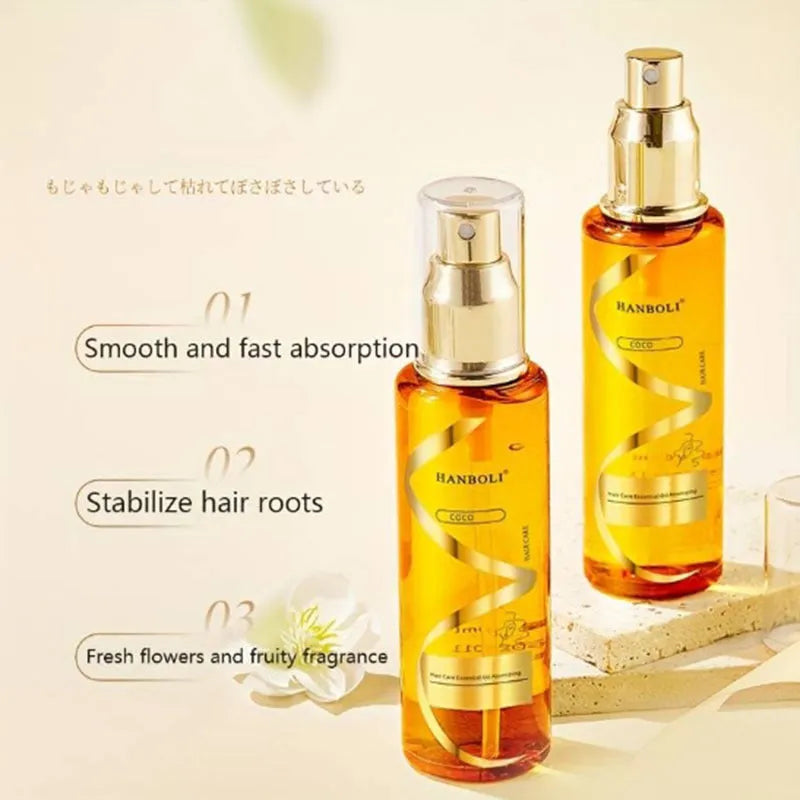 Gold bottle of perfume soft hair care essential oil spray for dry frizz, 70ml