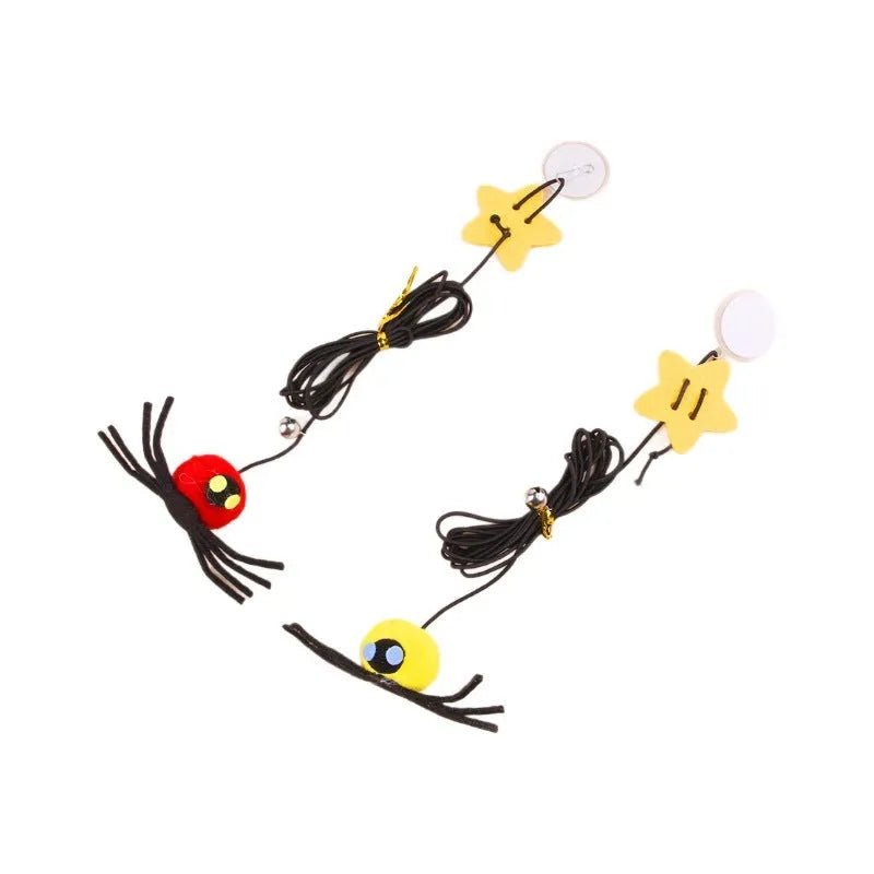 Cat hanging door toy with elastic rope, feather stick, bell, and spider decoration in red or yellow colours