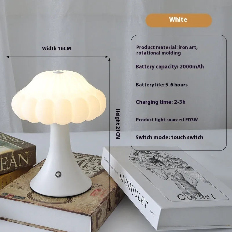 Mushroom-shaped night light with touch controls and USB port in wood grain finish
