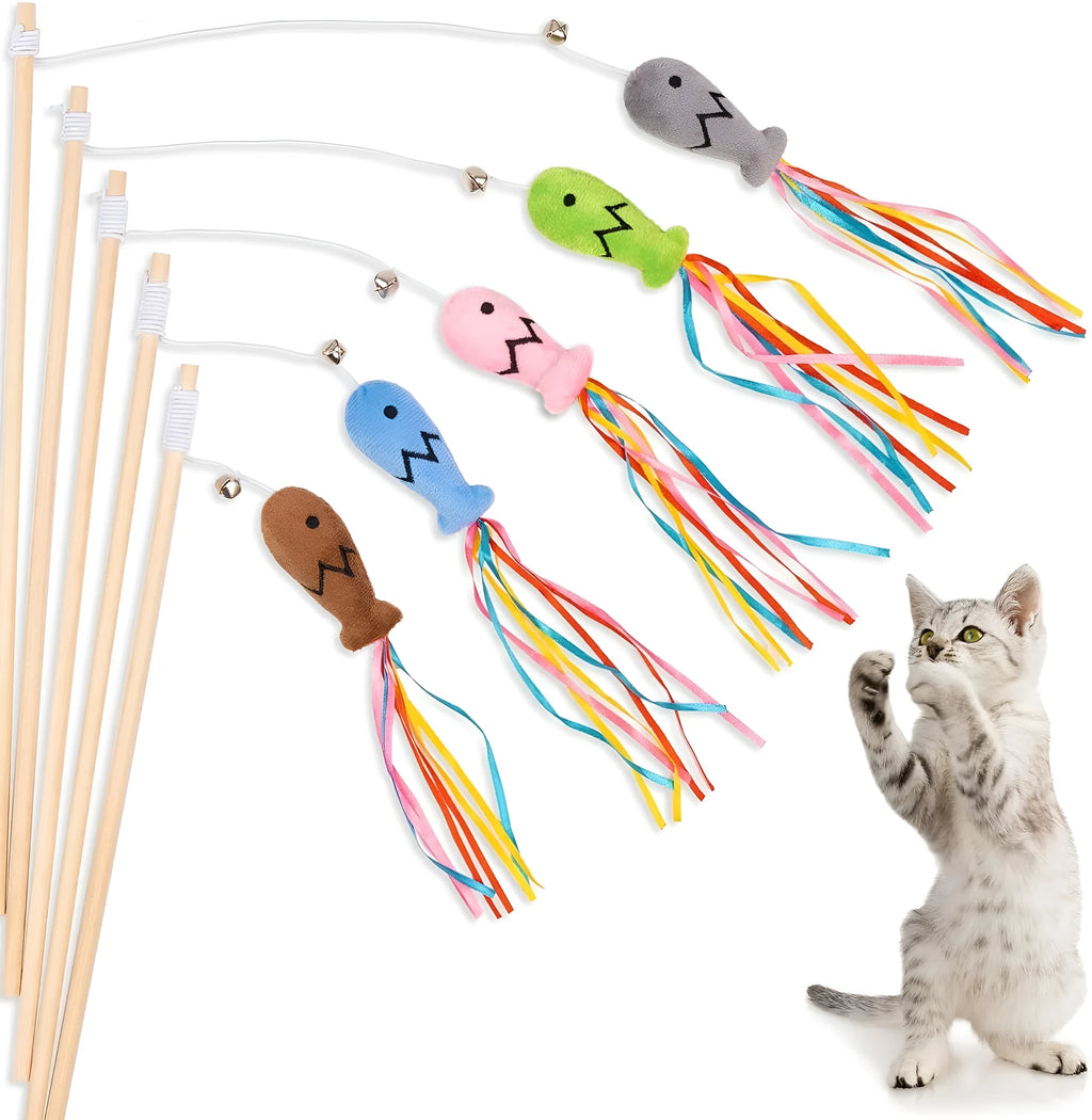 Cat wand toy with wooden handle, colourful ribbons, catnip fish and bell for indoor cat play