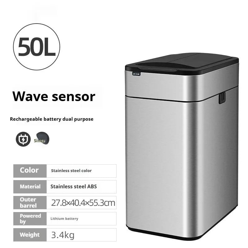 Stainless steel inductive smart trash can with deodorant, square shape, large capacity for kitchen