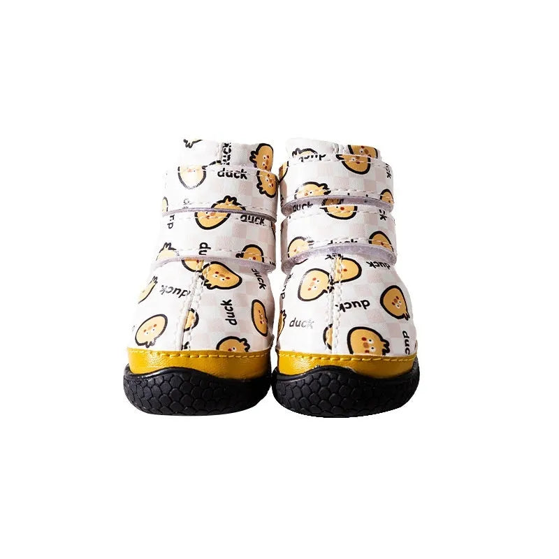 Fleece-lined pet cotton shoes with rubber sole in black, blue, and yellow for small dogs