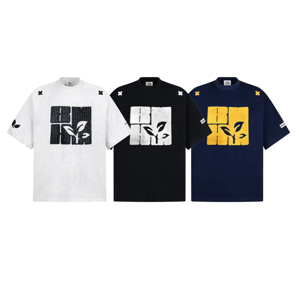 Cotton embroidery letter T-shirt for men, short-sleeve loose fit pullover in black, blue, melange gray