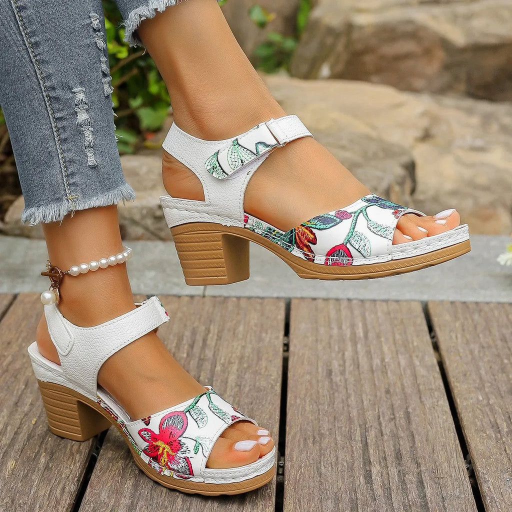 White women's high heel sandals with velcro ankle strap and rubber sole