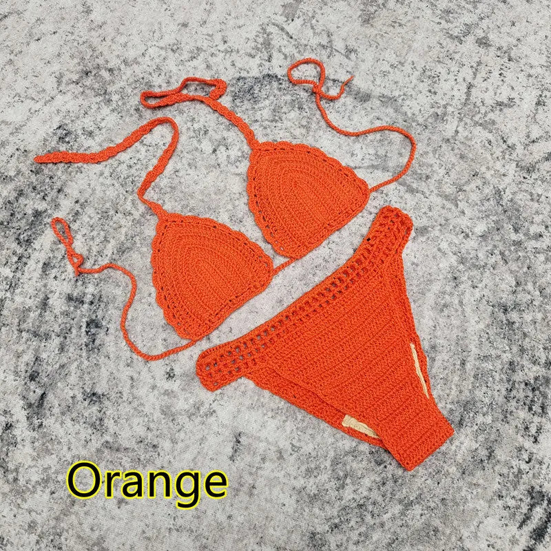 Women's three-piece bikini set with handmade crochet beach skirt in acrylic fabric