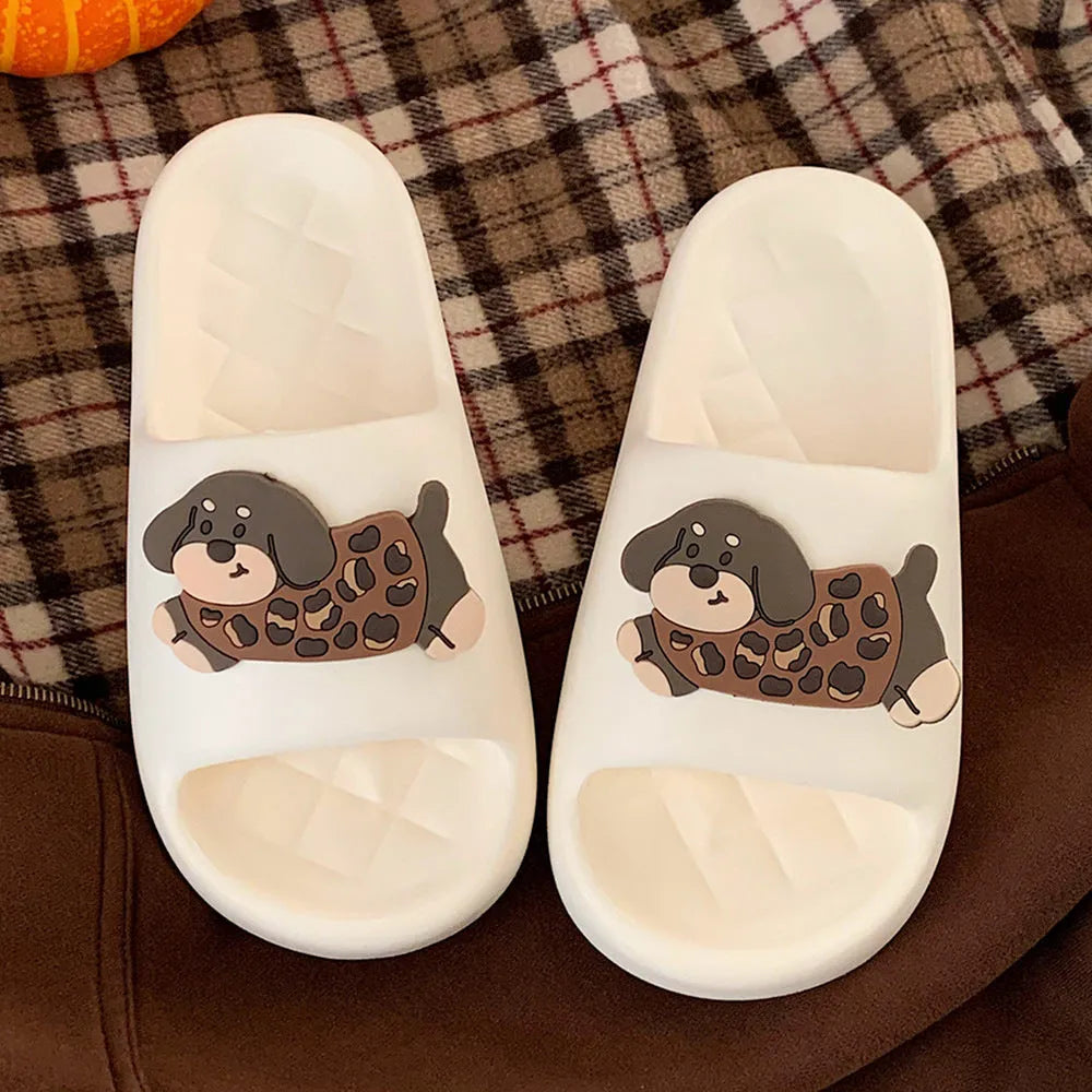 Pair of EVA flip flop sandals for couples in leopard puppy print, showing thickened sole.