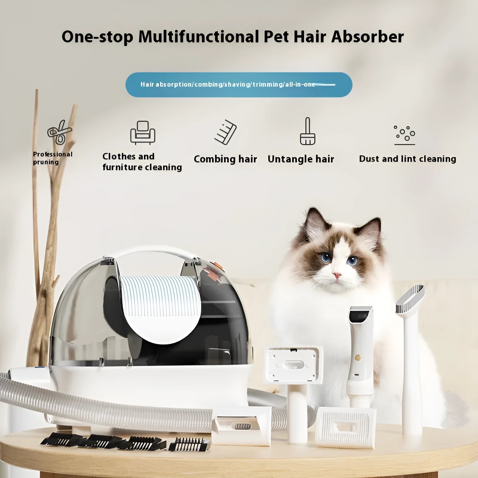 Pink and white pet grooming vacuum cleaner with electric shears, 3000mL dust cup, and grooming attachments