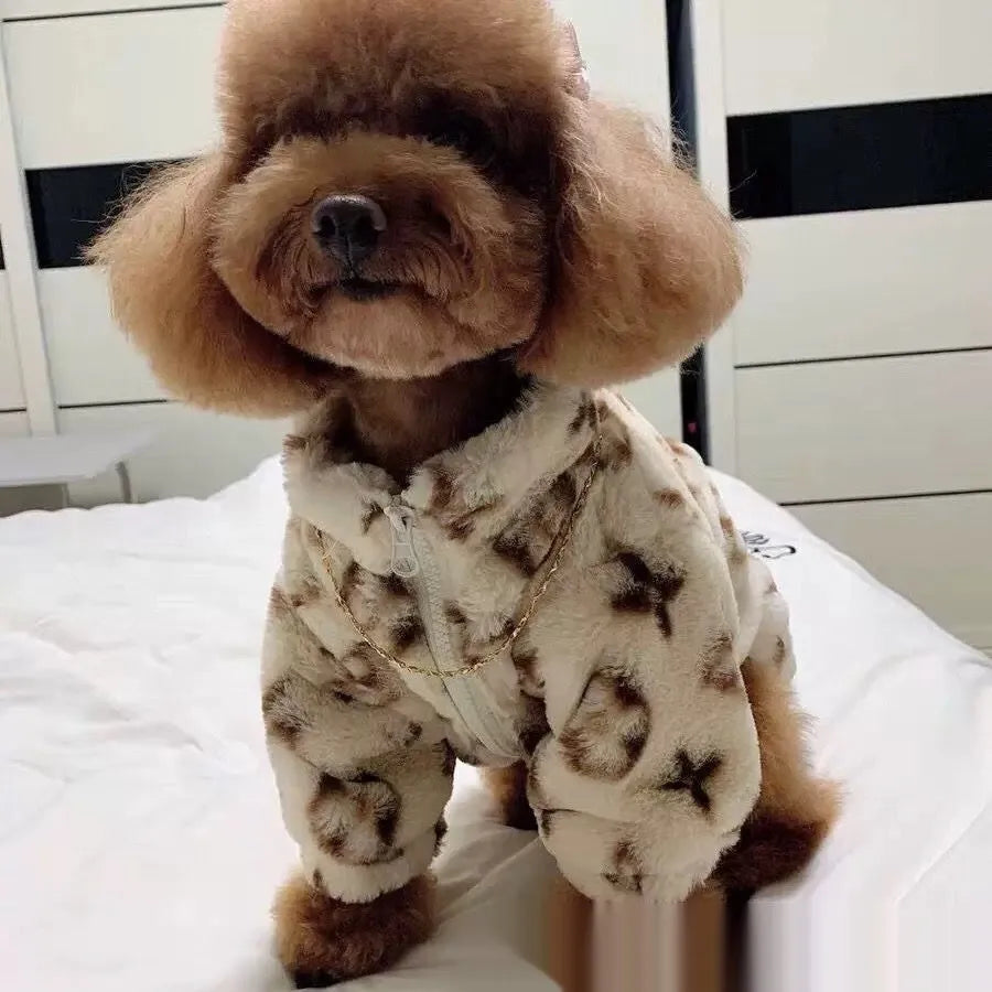 Dog wearing autumn winter polyester smoked fur coat in LV presbyopic fur colour, British style, available in sizes XS-XL