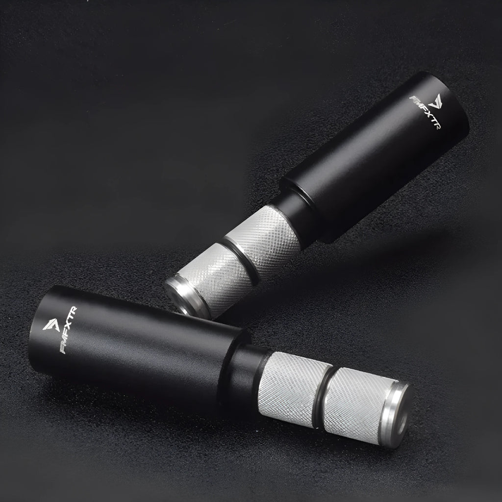 Pair of silver aluminium alloy folding bicycle handlebar extension rods showing extended and folded positions.