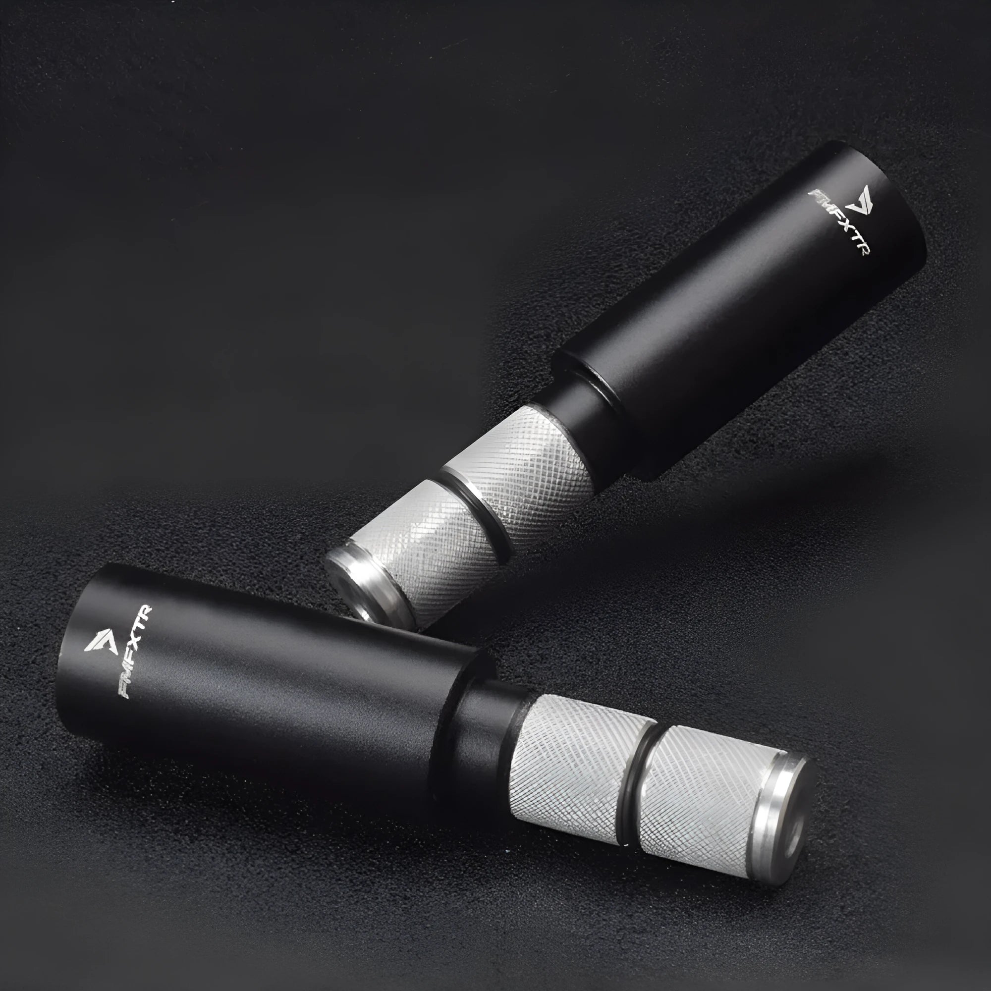 Pair of silver aluminium alloy folding bicycle handlebar extension rods showing extended and folded positions.