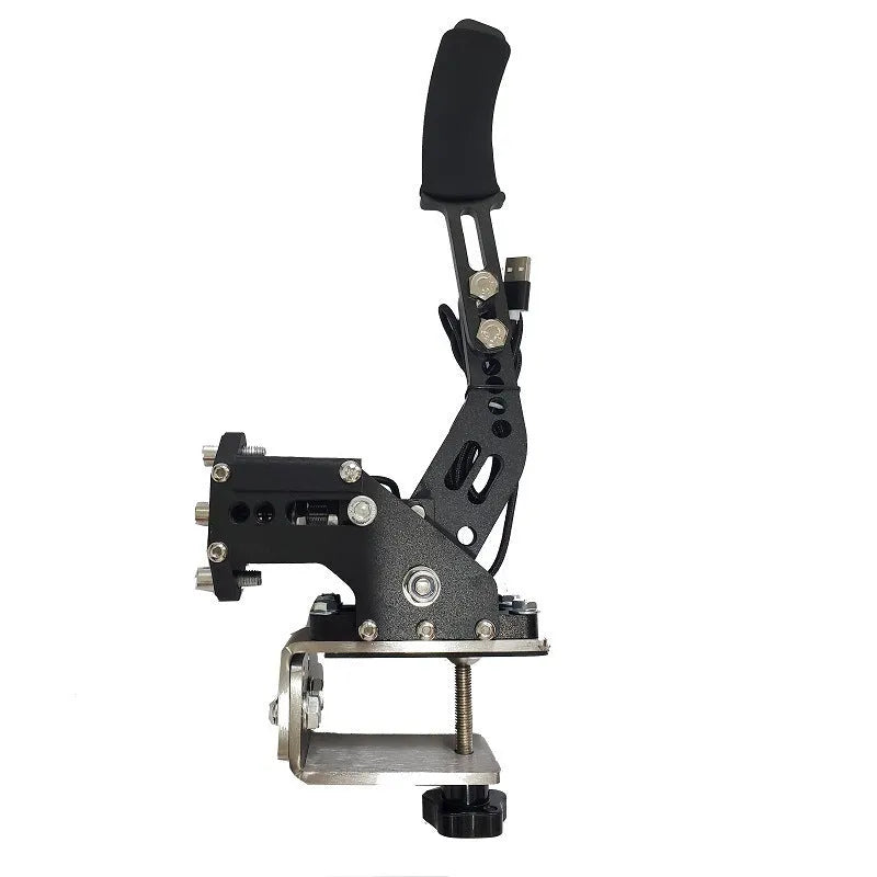 Black USB handbrake with aluminium bracket and clamp for PC racing simulators next to a racing wheel.
