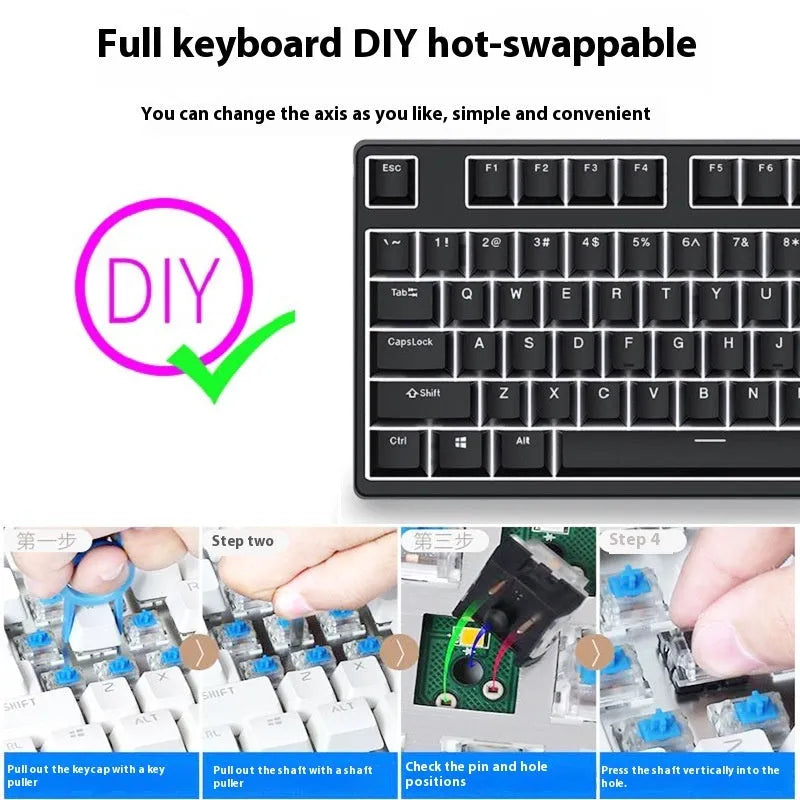 87-key mechanical keyboard with colourful keycaps on a metal base, showing hot-swappable switches