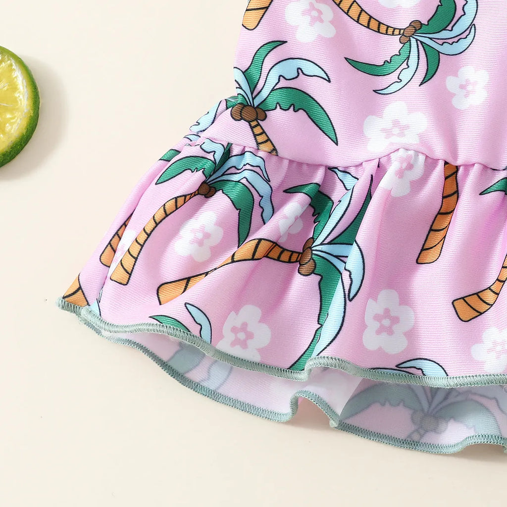 White children's two-piece swimsuit set with shirt and beach shorts on hanger