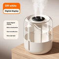 Beige round USB humidifier with dual spray nozzles, night light, and humidity display