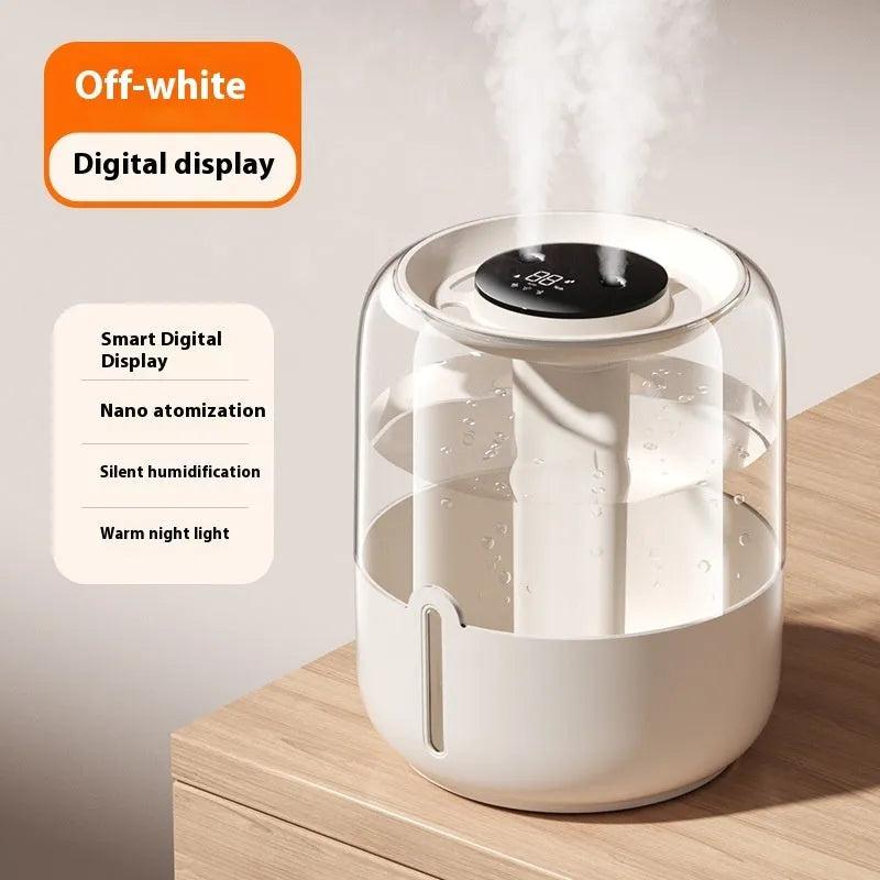 Beige round USB humidifier with dual spray nozzles, night light, and humidity display