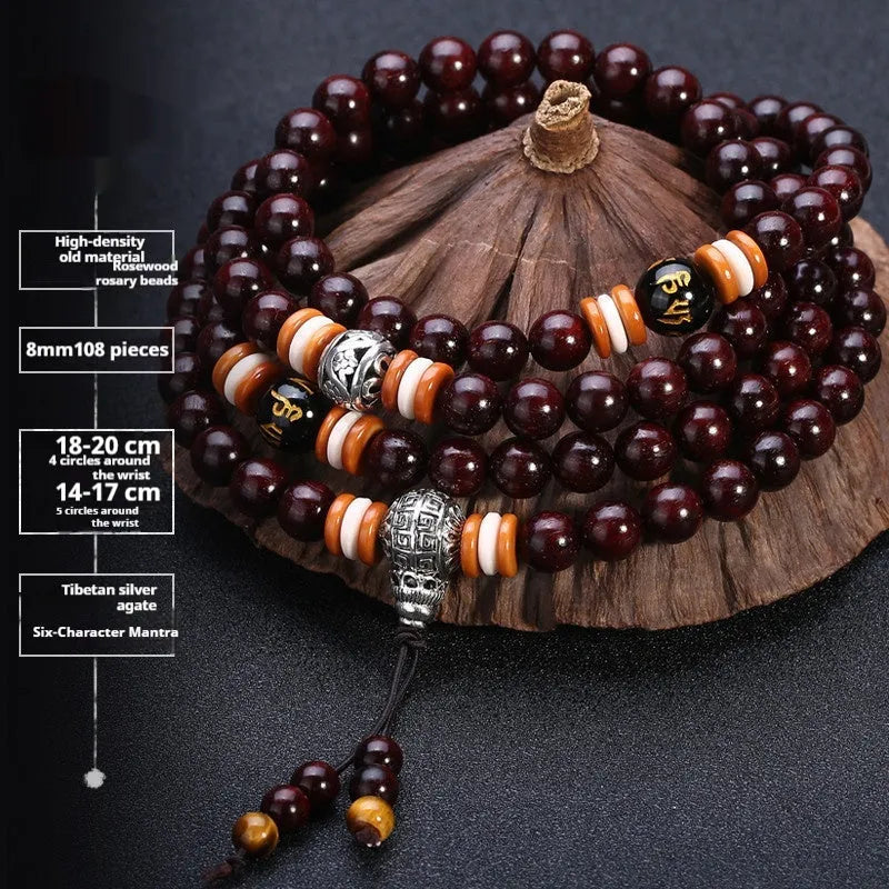 Men's traditional rosewood bracelet with 108 beads, showing lapis lazuli and turquoise accent styles.