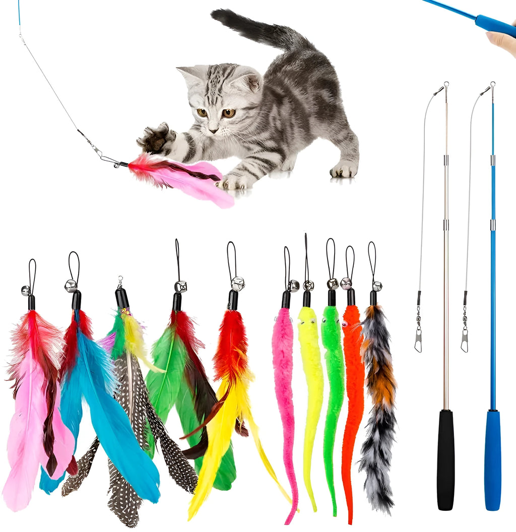 Cat teasing pole set with two handheld poles and ten feather replacement heads