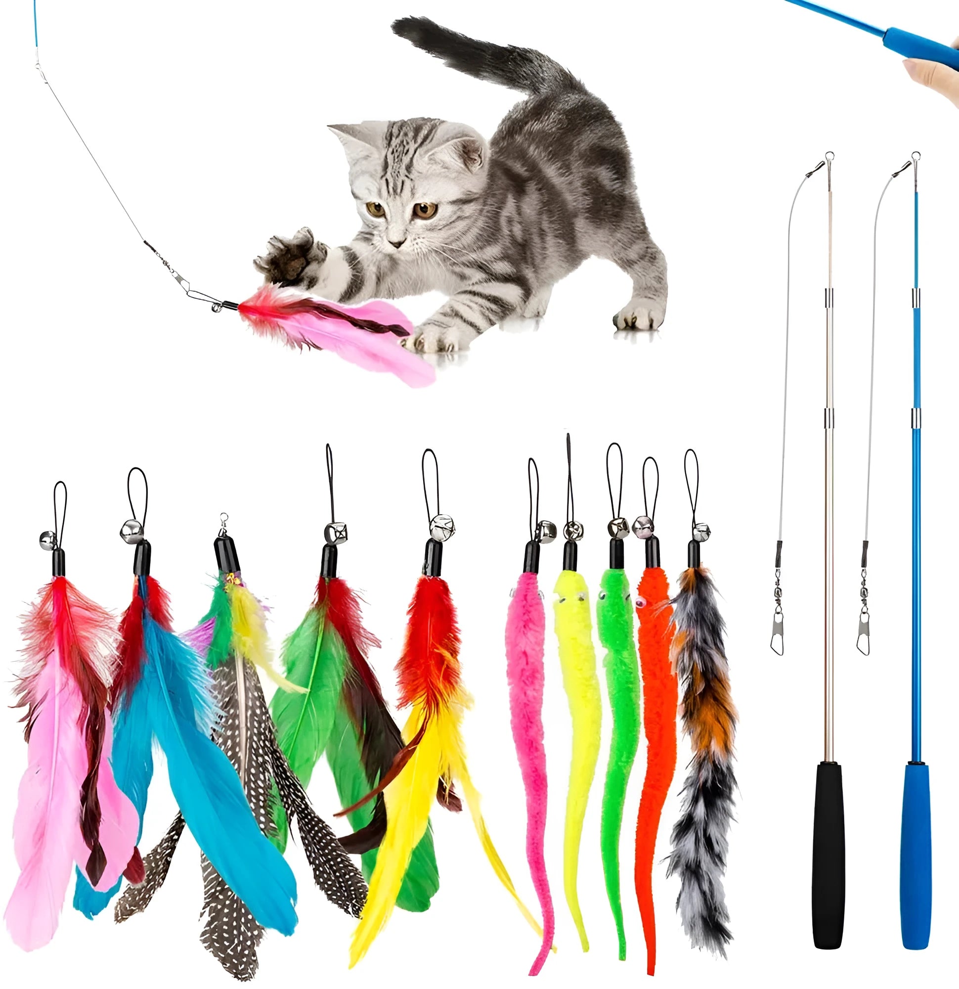 Cat teasing pole set with two handheld poles and ten feather replacement heads