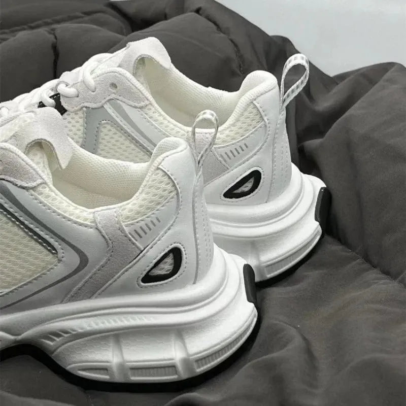 Beige platform mesh sports shoes with wedge heel and front lace-up design