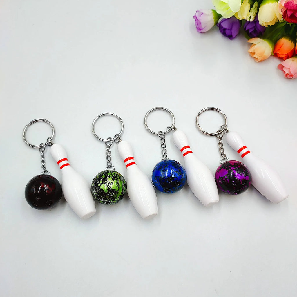 Mini bowling simulation keychain pendant in PVC metal available in four colours