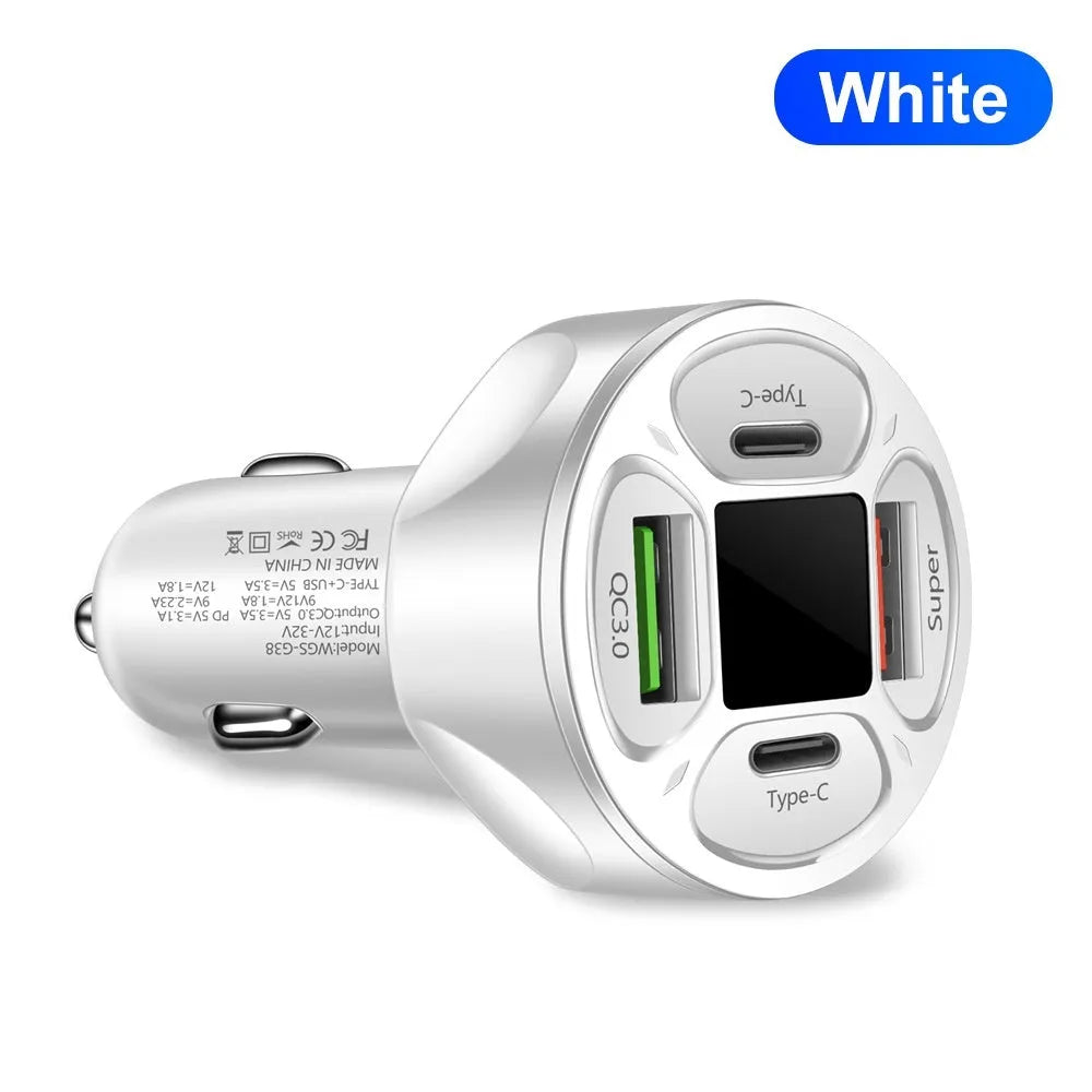 Black digital display car charger with two USB ports and two Type-C ports, showing voltage readout.