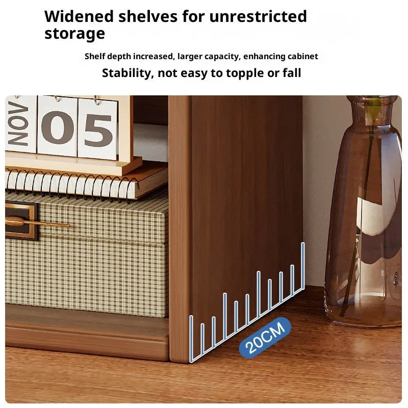 Desktop bookshelf three-layer 50cm density board dark walnut colour on desk with books