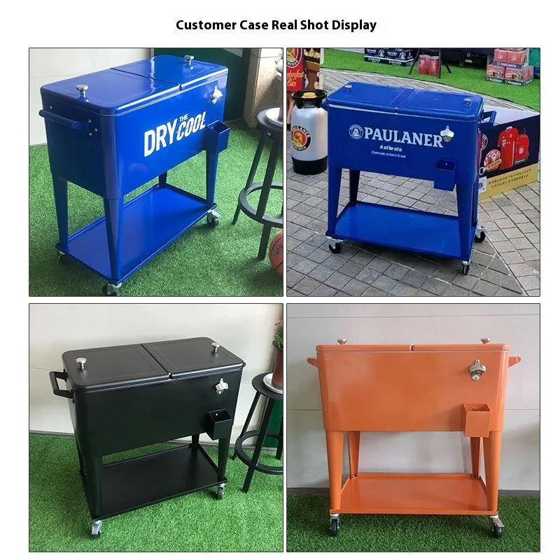 Red outdoor metal insulated trolley with wheels and a 750 capacity picnic cooler box.