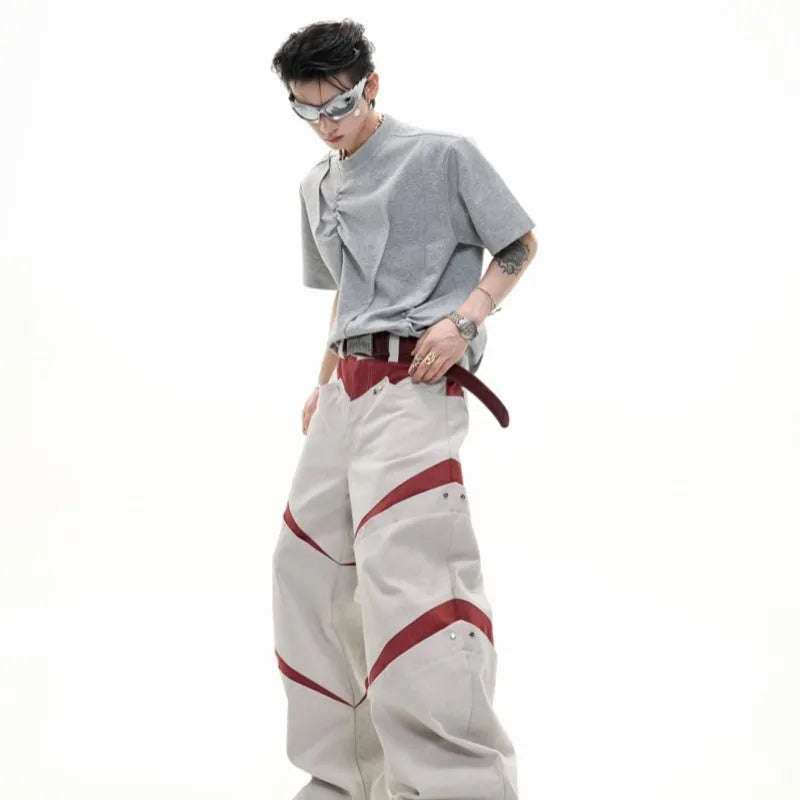 Men's grey pleated cotton T-shirt with round neck and asymmetric stitching