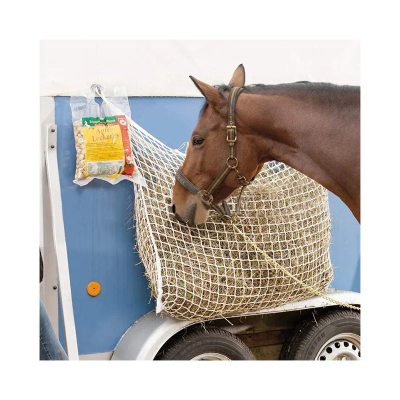 Woven PE rope grid horse feeding bag in black colour showing hanging design and weaving construction